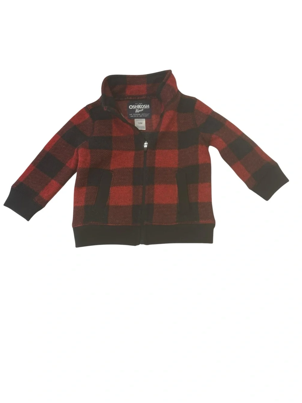 OshKosh B’gosh Baby Boy 12M Buffalo Plaid Fleece Full Zip Jacket Red Black cabin